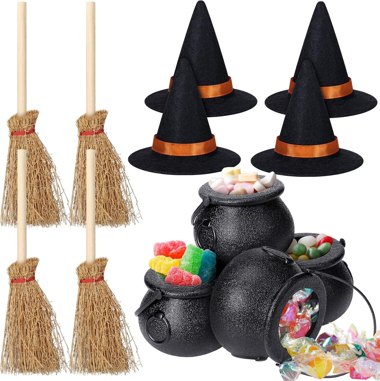12 Pcs Halloween Decorations - Mini Witch Hats, Candy Cauldron, and Mini Broom